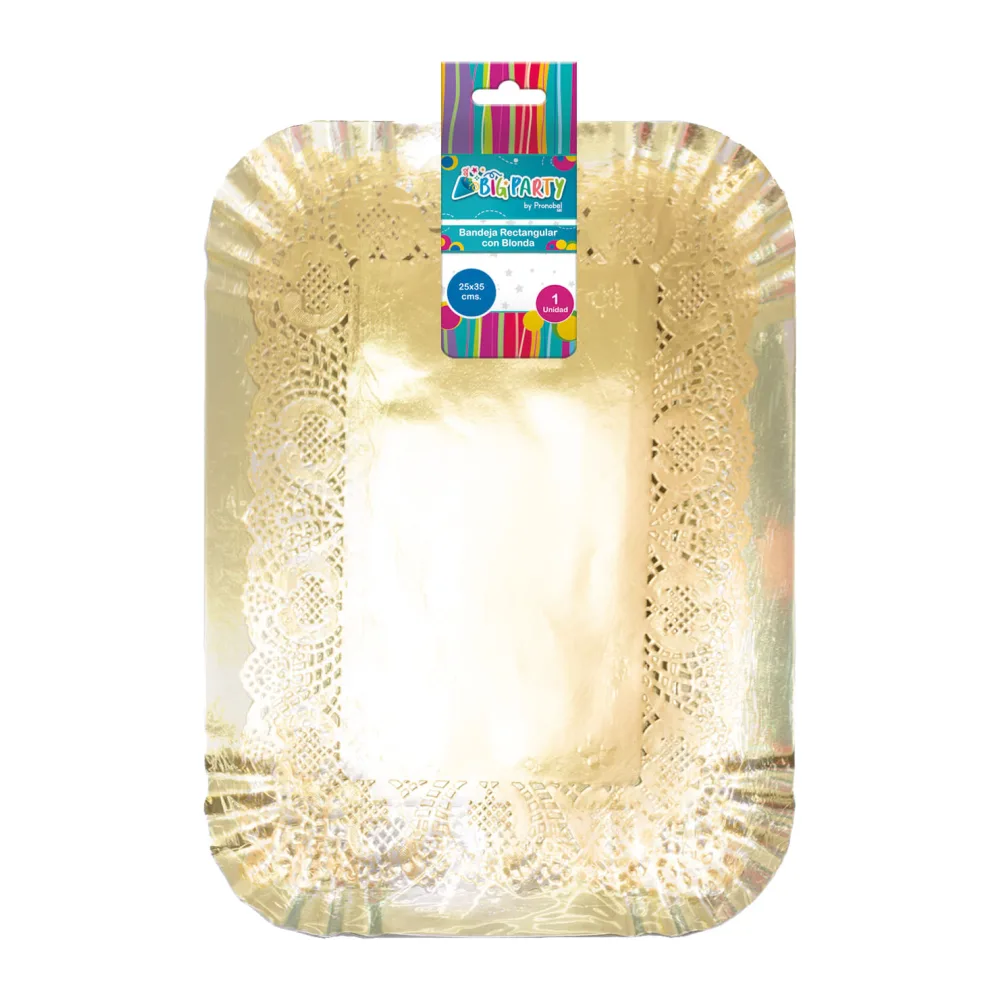 Bandeja Rectangular Dorada 25 X 35 Cm con Blonda Big Party