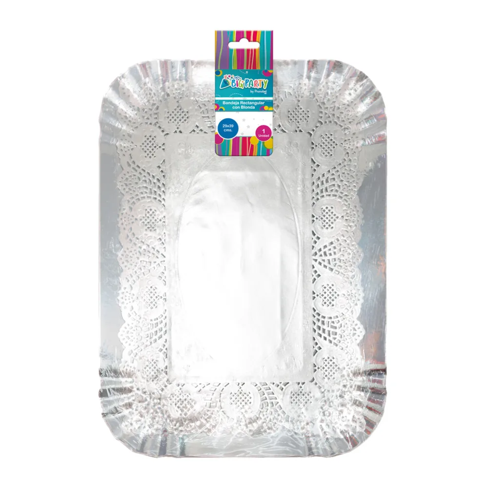 Bandeja Rectangular Plateada 29 X 39 Cm con Blonda Big Party