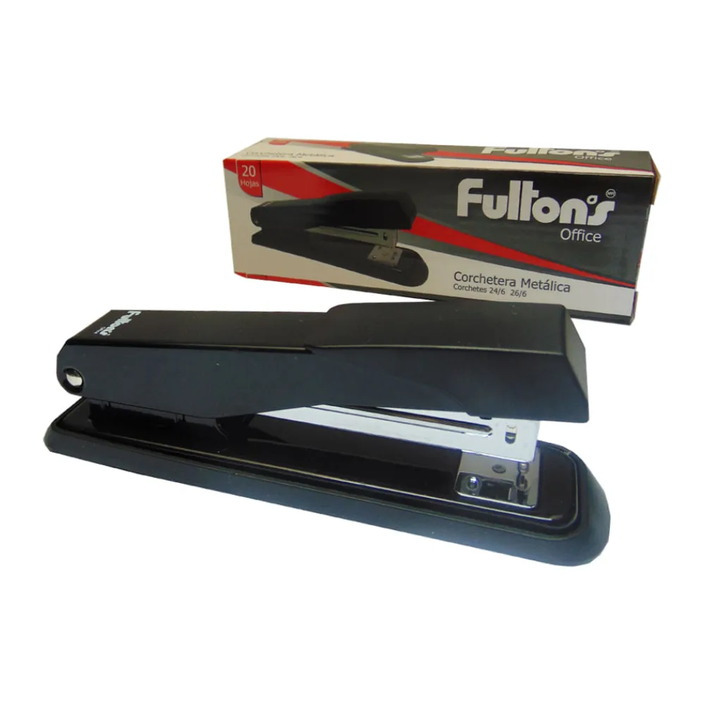 Corchetera Mediana Metal Negra Base Goma para 20 Hojas Fultons
