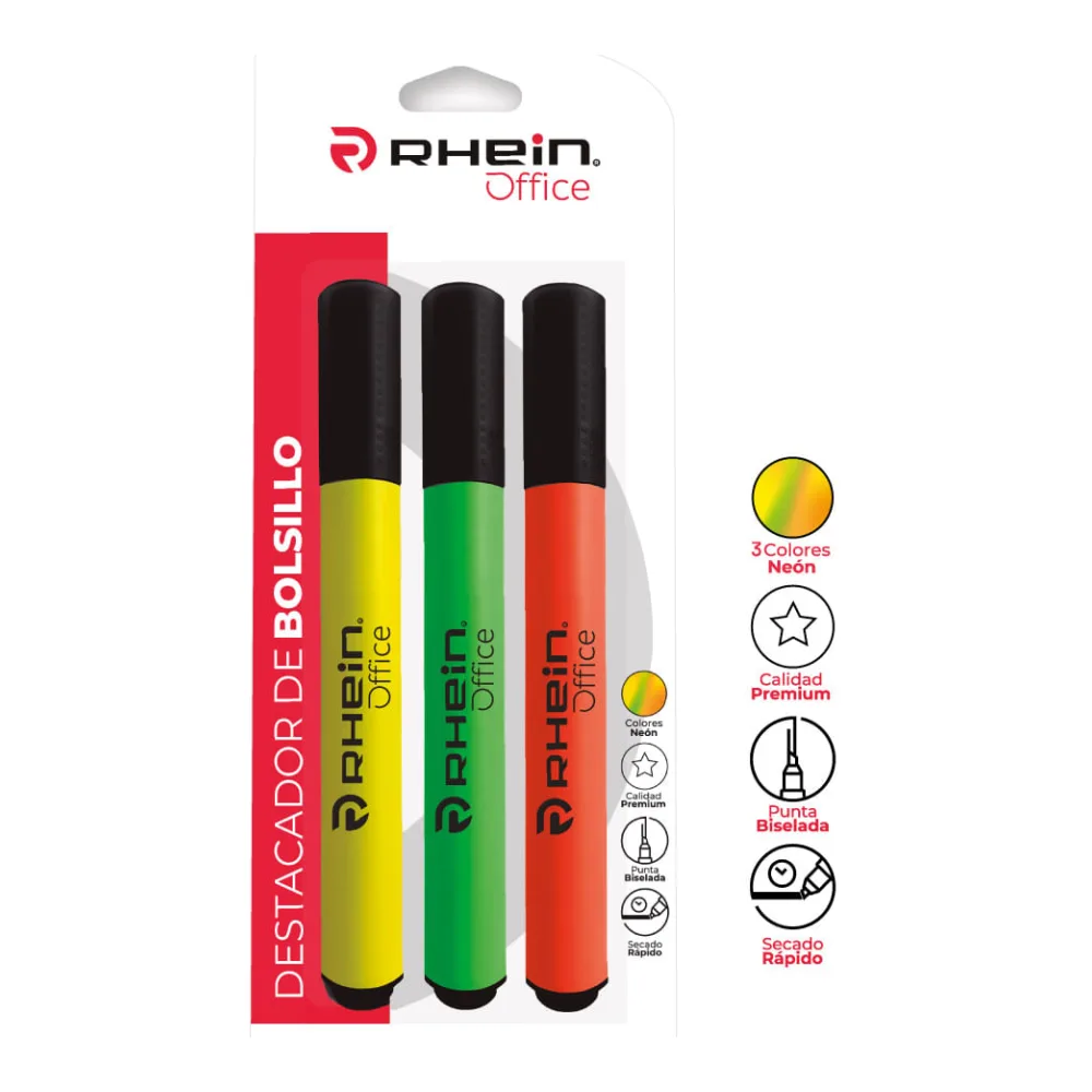 Destacador de Bolsillo Punta Biselada 3 Colores Neon Blister Rhein