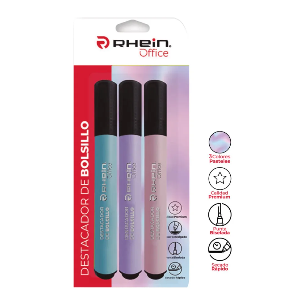 Destacador de Bolsillo Punta Biselada 3 Colores Pastel Blister Rhein