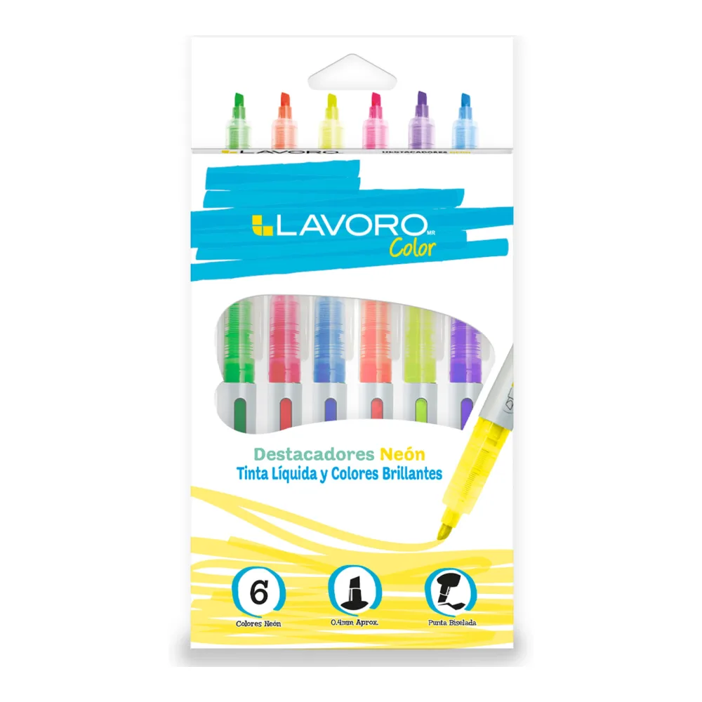 Destacador de Bolsillo Punta Biselada 6 Colores Neon Lavoro