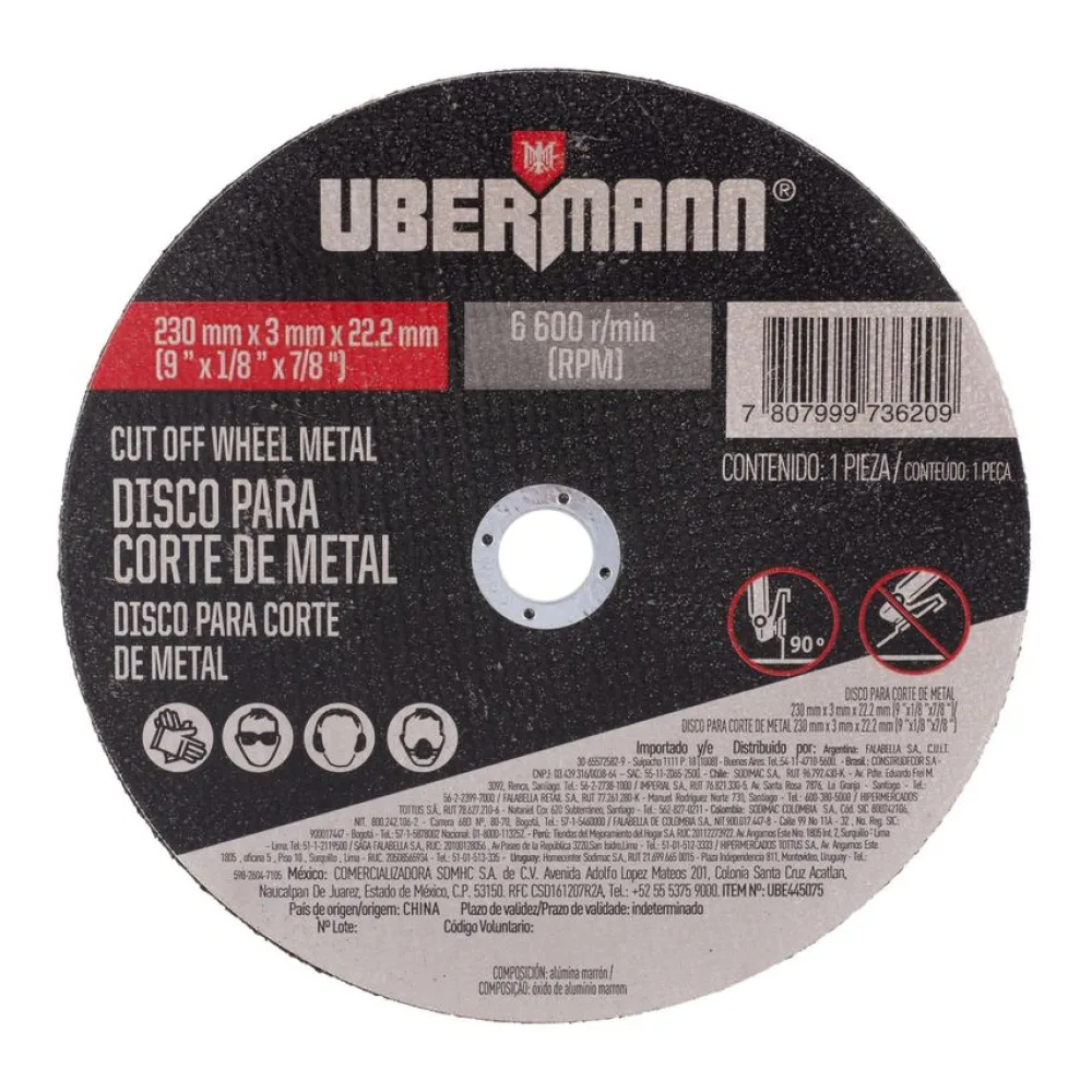 Disco Corte Metal 9X1/8" Ubermann