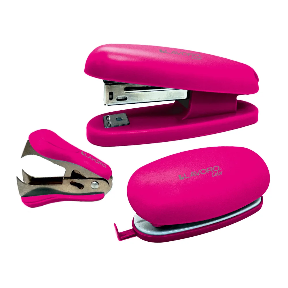 Set Perforadora + Cochetera + Sacacorchete Plastico Rosa Lavoro