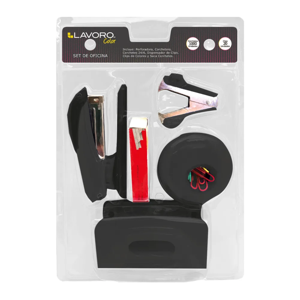 Set Perforadora + Corchetera + Sacacorchete + Dispensador Negro Lavoro