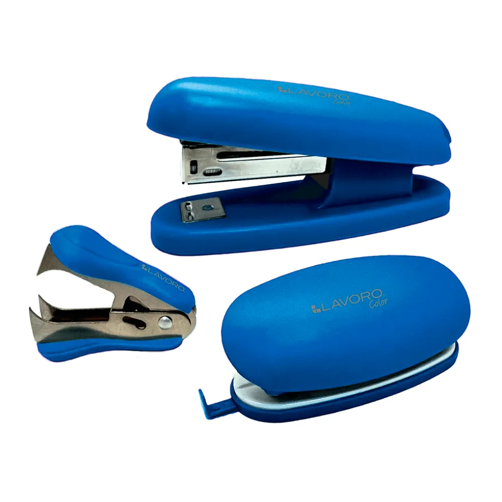 Set Perforadora + Corchetera + Sacacorchete Plastico Azul Lavoro